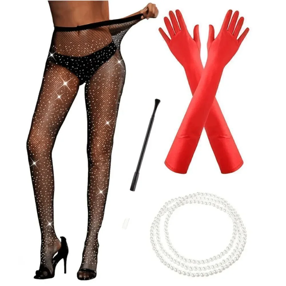 🖤🤍 6PCS Halloween Bundle Cruella Cosplay Costume Party 1920s Accessories Set